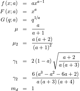 \begin{eqnarray*} f\left(x;a\right) & = & ax^{a-1}\\ F\left(x;a\right) & = & x^{a}\\ G\left(q;a\right) & = & q^{1/a}\\ \mu & = & \frac{a}{a+1}\\ \mu_{2} & = & \frac{a\left(a+2\right)}{\left(a+1\right)^{2}}\\ \gamma_{1} & = & 2\left(1-a\right)\sqrt{\frac{a+2}{a\left(a+3\right)}}\\ \gamma_{2} & = & \frac{6\left(a^{3}-a^{2}-6a+2\right)}{a\left(a+3\right)\left(a+4\right)}\\ m_{d} & = & 1\end{eqnarray*}