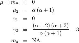 \begin{eqnarray*} \mu=m_{n} & = & 0\\ \mu_{2} & = & \alpha\left(\alpha+1\right)\\ \gamma_{1} & = & 0\\ \gamma_{2} & = & \frac{\left(\alpha+2\right)\left(\alpha+3\right)}{\alpha\left(\alpha+1\right)}-3\\ m_{d} & = & \textrm{NA}\end{eqnarray*}