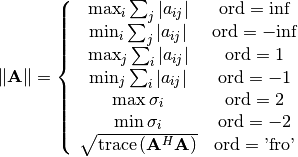 \[ \left\Vert \mathbf{A}\right\Vert =\left\{ \begin{array}{cc} \max_{i}\sum_{j}\left|a_{ij}\right| & \textrm{ord}=\textrm{inf}\\ \min_{i}\sum_{j}\left|a_{ij}\right| & \textrm{ord}=-\textrm{inf}\\ \max_{j}\sum_{i}\left|a_{ij}\right| & \textrm{ord}=1\\ \min_{j}\sum_{i}\left|a_{ij}\right| & \textrm{ord}=-1\\ \max\sigma_{i} & \textrm{ord}=2\\ \min\sigma_{i} & \textrm{ord}=-2\\ \sqrt{\textrm{trace}\left(\mathbf{A}^{H}\mathbf{A}\right)} & \textrm{ord}=\textrm{'fro'}\end{array}\right.\]