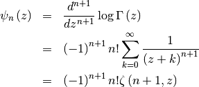 \begin{eqnarray*} \psi_{n}\left(z\right) & = & \frac{d^{n+1}}{dz^{n+1}}\log\Gamma\left(z\right)\\  & = & \left(-1\right)^{n+1}n!\sum_{k=0}^{\infty}\frac{1}{\left(z+k\right)^{n+1}}\\  & = & \left(-1\right)^{n+1}n!\zeta\left(n+1,z\right)\end{eqnarray*}