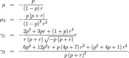 \begin{eqnarray*} \mu & = & -\frac{p}{\left(1-p\right)r}\\ \mu_{2} & = & -\frac{p\left[p+r\right]}{\left(1-p\right)^{2}r^{2}}\\ \gamma_{1} & = & -\frac{2p^{2}+3pr+\left(1+p\right)r^{2}}{r\left(p+r\right)\sqrt{-p\left(p+r\right)}}r\\ \gamma_{2} & = & -\frac{6p^{3}+12p^{2}r+p\left(4p+7\right)r^{2}+\left(p^{2}+4p+1\right)r^{3}}{p\left(p+r\right)^{2}}.\end{eqnarray*}