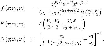 \begin{eqnarray*} f\left(x;\nu_{1},\nu_{2}\right) & = & \frac{\nu_{2}^{\nu_{2}/2}\nu_{1}^{\nu_{1}/2}x^{\nu_{1}/2-1}}{\left(\nu_{2}+\nu_{1}x\right)^{\left(\nu_{1}+\nu_{2}\right)/2}B\left(\frac{\nu_{1}}{2},\frac{\nu_{2}}{2}\right)}\\ F\left(x;v_{1},v_{2}\right) & = & I\left(\frac{\nu_{1}}{2},\frac{\nu_{2}}{2},\frac{\nu_{2}x}{\nu_{2}+\nu_{1}x}\right)\\ G\left(q;\nu_{1},\nu_{2}\right) & = & \left[\frac{\nu_{2}}{I^{-1}\left(\nu_{1}/2,\nu_{2}/2,q\right)}-\frac{\nu_{1}}{\nu_{2}}\right]^{-1}.\end{eqnarray*}