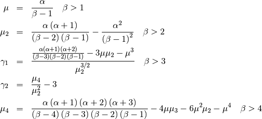 \begin{eqnarray*} \mu & = & \frac{\alpha}{\beta-1}\quad\beta>1\\ \mu_{2} & = & \frac{\alpha\left(\alpha+1\right)}{\left(\beta-2\right)\left(\beta-1\right)}-\frac{\alpha^{2}}{\left(\beta-1\right)^{2}}\quad\beta>2\\ \gamma_{1} & = & \frac{\frac{\alpha\left(\alpha+1\right)\left(\alpha+2\right)}{\left(\beta-3\right)\left(\beta-2\right)\left(\beta-1\right)}-3\mu\mu_{2}-\mu^{3}}{\mu_{2}^{3/2}}\quad\beta>3\\ \gamma_{2} & = & \frac{\mu_{4}}{\mu_{2}^{2}}-3\\ \mu_{4} & = & \frac{\alpha\left(\alpha+1\right)\left(\alpha+2\right)\left(\alpha+3\right)}{\left(\beta-4\right)\left(\beta-3\right)\left(\beta-2\right)\left(\beta-1\right)}-4\mu\mu_{3}-6\mu^{2}\mu_{2}-\mu^{4}\quad\beta>4\end{eqnarray*}