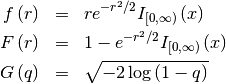 \begin{eqnarray*} f\left(r\right) & = & re^{-r^{2}/2}I_{[0,\infty)}\left(x\right)\\ F\left(r\right) & = & 1-e^{-r^{2}/2}I_{[0,\infty)}\left(x\right)\\ G\left(q\right) & = & \sqrt{-2\log\left(1-q\right)}\end{eqnarray*}