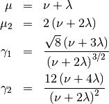 \begin{eqnarray*} \mu & = & \nu+\lambda\\ \mu_{2} & = & 2\left(\nu+2\lambda\right)\\ \gamma_{1} & = & \frac{\sqrt{8}\left(\nu+3\lambda\right)}{\left(\nu+2\lambda\right)^{3/2}}\\ \gamma_{2} & = & \frac{12\left(\nu+4\lambda\right)}{\left(\nu+2\lambda\right)^{2}}\end{eqnarray*}