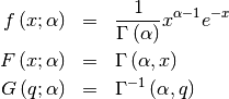 \begin{eqnarray*} f\left(x;\alpha\right) & = & \frac{1}{\Gamma\left(\alpha\right)}x^{\alpha-1}e^{-x}\\ F\left(x;\alpha\right) & = & \Gamma\left(\alpha,x\right)\\ G\left(q;\alpha\right) & = & \Gamma^{-1}\left(\alpha,q\right)\end{eqnarray*}