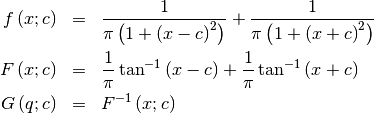 \begin{eqnarray*} f\left(x;c\right) & = & \frac{1}{\pi\left(1+\left(x-c\right)^{2}\right)}+\frac{1}{\pi\left(1+\left(x+c\right)^{2}\right)}\\ F\left(x;c\right) & = & \frac{1}{\pi}\tan^{-1}\left(x-c\right)+\frac{1}{\pi}\tan^{-1}\left(x+c\right)\\ G\left(q;c\right) & = & F^{-1}\left(x;c\right)\end{eqnarray*}