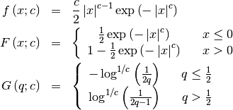 \begin{eqnarray*} f\left(x;c\right) & = & \frac{c}{2}\left|x\right|^{c-1}\exp\left(-\left|x\right|^{c}\right)\\ F\left(x;c\right) & = & \left\{ \begin{array}{ccc} \frac{1}{2}\exp\left(-\left|x\right|^{c}\right) &  & x\leq0\\ 1-\frac{1}{2}\exp\left(-\left|x\right|^{c}\right) &  & x>0\end{array}\right.\\ G\left(q;c\right) & = & \left\{ \begin{array}{ccc} -\log^{1/c}\left(\frac{1}{2q}\right) &  & q\leq\frac{1}{2}\\ \log^{1/c}\left(\frac{1}{2q-1}\right) &  & q>\frac{1}{2}\end{array}\right.\end{eqnarray*}