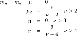 \begin{eqnarray*} m_{n}=m_{d}=\mu & = & 0\\ \mu_{2} & = & \frac{\nu}{\nu-2}\quad\nu>2\\ \gamma_{1} & = & 0\quad\nu>3\\ \gamma_{2} & = & \frac{6}{\nu-4}\quad\nu>4\end{eqnarray*}