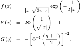 \begin{eqnarray*} f\left(x\right) & = & \frac{1}{\left|x\right|\sqrt{2\pi\left|x\right|}}\exp\left(-\frac{1}{2\left|x\right|}\right)\\ F\left(x\right) & = & 2\Phi\left(\frac{1}{\sqrt{\left|x\right|}}\right)-1\\ G\left(q\right) & = & -\left[\Phi^{-1}\left(\frac{q+1}{2}\right)\right]^{-2}.\end{eqnarray*}