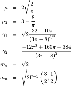 \begin{eqnarray*} \mu & = & 2\sqrt{\frac{2}{\pi}}\\ \mu_{2} & = & 3-\frac{8}{\pi}\\ \gamma_{1} & = & \sqrt{2}\frac{32-10\pi}{\left(3\pi-8\right)^{3/2}}\\ \gamma_{2} & = & \frac{-12\pi^{2}+160\pi-384}{\left(3\pi-8\right)^{2}}\\ m_{d} & = & \sqrt{2}\\ m_{n} & = & \sqrt{2\Gamma^{-1}\left(\frac{3}{2},\frac{1}{2}\right)}\end{eqnarray*}