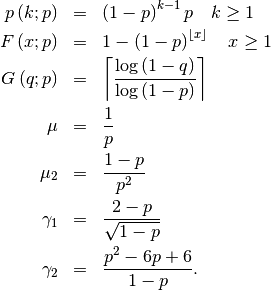 \begin{eqnarray*} p\left(k;p\right) & = & \left(1-p\right)^{k-1}p\quad k\geq1\\ F\left(x;p\right) & = & 1-\left(1-p\right)^{\left\lfloor x\right\rfloor }\quad x\geq1\\ G\left(q;p\right) & = & \left\lceil \frac{\log\left(1-q\right)}{\log\left(1-p\right)}\right\rceil \\ \mu & = & \frac{1}{p}\\ \mu_{2} & = & \frac{1-p}{p^{2}}\\ \gamma_{1} & = & \frac{2-p}{\sqrt{1-p}}\\ \gamma_{2} & = & \frac{p^{2}-6p+6}{1-p}.\end{eqnarray*}