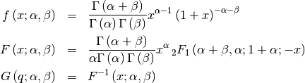 \begin{eqnarray*} f\left(x;\alpha,\beta\right) & = & \frac{\Gamma\left(\alpha+\beta\right)}{\Gamma\left(\alpha\right)\Gamma\left(\beta\right)}x^{\alpha-1}\left(1+x\right)^{-\alpha-\beta}\\ F\left(x;\alpha,\beta\right) & = & \frac{\Gamma\left(\alpha+\beta\right)}{\alpha\Gamma\left(\alpha\right)\Gamma\left(\beta\right)}x^{\alpha}\,_{2}F_{1}\left(\alpha+\beta,\alpha;1+\alpha;-x\right)\\ G\left(q;\alpha,\beta\right) & = & F^{-1}\left(x;\alpha,\beta\right)\end{eqnarray*}