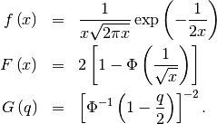 \begin{eqnarray*} f\left(x\right) & = & \frac{1}{x\sqrt{2\pi x}}\exp\left(-\frac{1}{2x}\right)\\ F\left(x\right) & = & 2\left[1-\Phi\left(\frac{1}{\sqrt{x}}\right)\right]\\ G\left(q\right) & = & \left[\Phi^{-1}\left(1-\frac{q}{2}\right)\right]^{-2}.\end{eqnarray*}