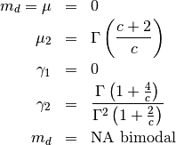 \begin{eqnarray*} m_{d}=\mu & = & 0\\ \mu_{2} & = & \Gamma\left(\frac{c+2}{c}\right)\\ \gamma_{1} & = & 0\\ \gamma_{2} & = & \frac{\Gamma\left(1+\frac{4}{c}\right)}{\Gamma^{2}\left(1+\frac{2}{c}\right)}\\ m_{d} & = & \textrm{NA bimodal}\end{eqnarray*}