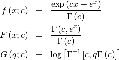 \begin{eqnarray*} f\left(x;c\right) & = & \frac{\exp\left(cx-e^{x}\right)}{\Gamma\left(c\right)}\\ F\left(x;c\right) & = & \frac{\Gamma\left(c,e^{x}\right)}{\Gamma\left(c\right)}\\ G\left(q;c\right) & = & \log\left[\Gamma^{-1}\left[c,q\Gamma\left(c\right)\right]\right]\end{eqnarray*}