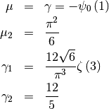 \begin{eqnarray*} \mu & = & \gamma=-\psi_{0}\left(1\right)\\ \mu_{2} & = & \frac{\pi^{2}}{6}\\ \gamma_{1} & = & \frac{12\sqrt{6}}{\pi^{3}}\zeta\left(3\right)\\ \gamma_{2} & = & \frac{12}{5}\end{eqnarray*}