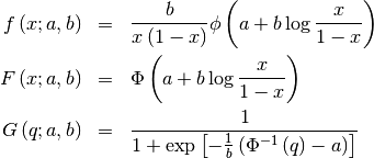 \begin{eqnarray*} f\left(x;a,b\right) & = & \frac{b}{x\left(1-x\right)}\phi\left(a+b\log\frac{x}{1-x}\right)\\ F\left(x;a,b\right) & = & \Phi\left(a+b\log\frac{x}{1-x}\right)\\ G\left(q;a,b\right) & = & \frac{1}{1+\exp\left[-\frac{1}{b}\left(\Phi^{-1}\left(q\right)-a\right)\right]}\end{eqnarray*}