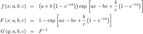 \begin{eqnarray*} f\left(x;a,b,c\right) & = & \left(a+b\left(1-e^{-cx}\right)\right)\exp\left[ax-bx+\frac{b}{c}\left(1-e^{-cx}\right)\right]\\ F\left(x;a,b,c\right) & = & 1-\exp\left[ax-bx+\frac{b}{c}\left(1-e^{-cx}\right)\right]\\ G\left(q;a,b,c\right) & = & F^{-1}\end{eqnarray*}