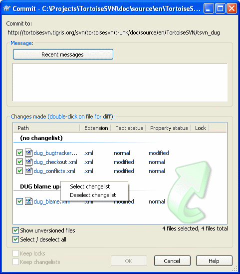 Commit dialog with Changelists