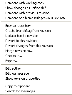 The Revision Log Dialog Top Pane with Context Menu