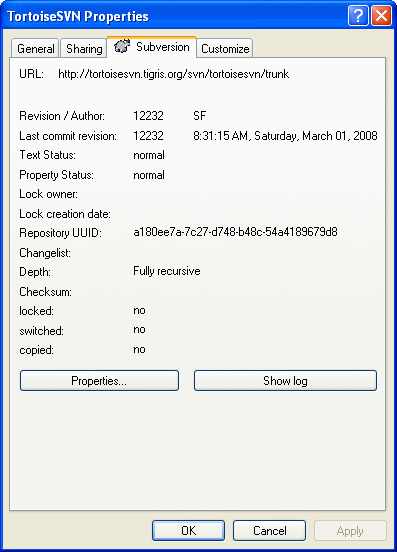Explorer property page, Subversion tab