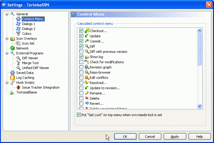 The Settings Dialog, Context Menu Page