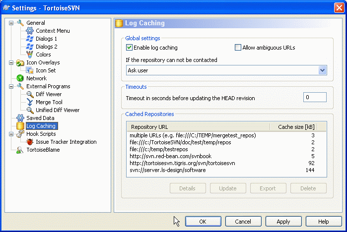 The Settings Dialog, Log Cache Page