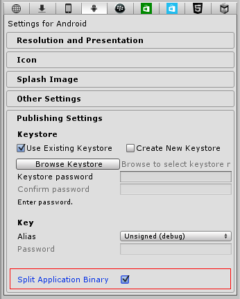 The Split Application Binary publish option for Android