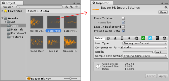 An Audio asset selected in the Project Window shows the Audio import settings for that asset in the Inspector