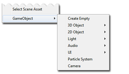 The GameObject sub-menu in the Scene divider bar menu