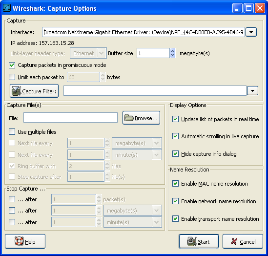 The "Capture Options" dialog box