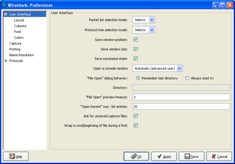 The preferences dialog box