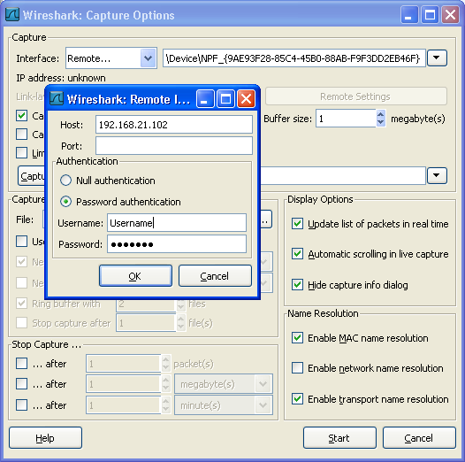 The "Remote Capture Interfaces" dialog box