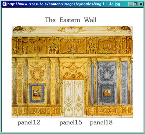 Fig.2. The Eastern wall of the Amber Room with numbers of panels and display of reconstructed fragments.