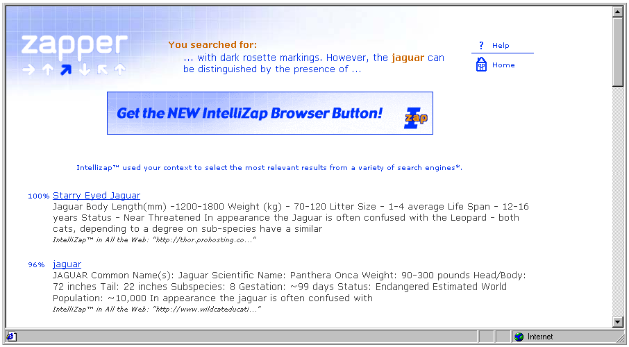 IntelliZap search results