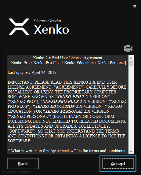 Xenko license agreement window