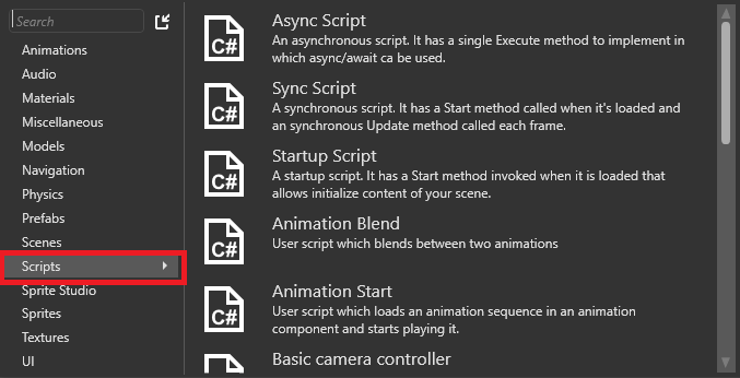 Create script in Xenko