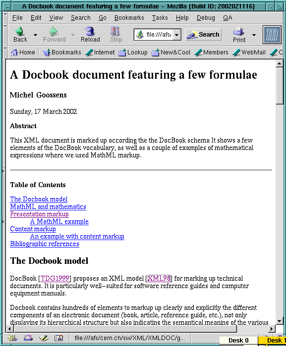 DocBook example with MathML translatex into HTML
    and viewed with the Mozilla browser (one large HTML file).
    