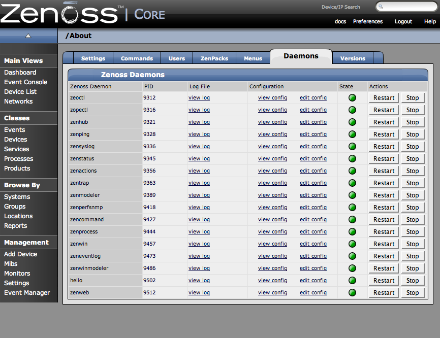 Settings Page - Daemons Tab