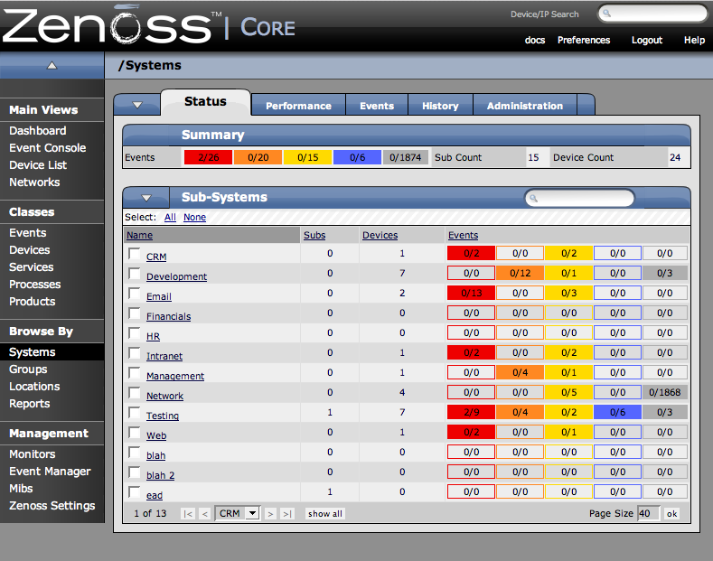 Sub-systems Status Menu