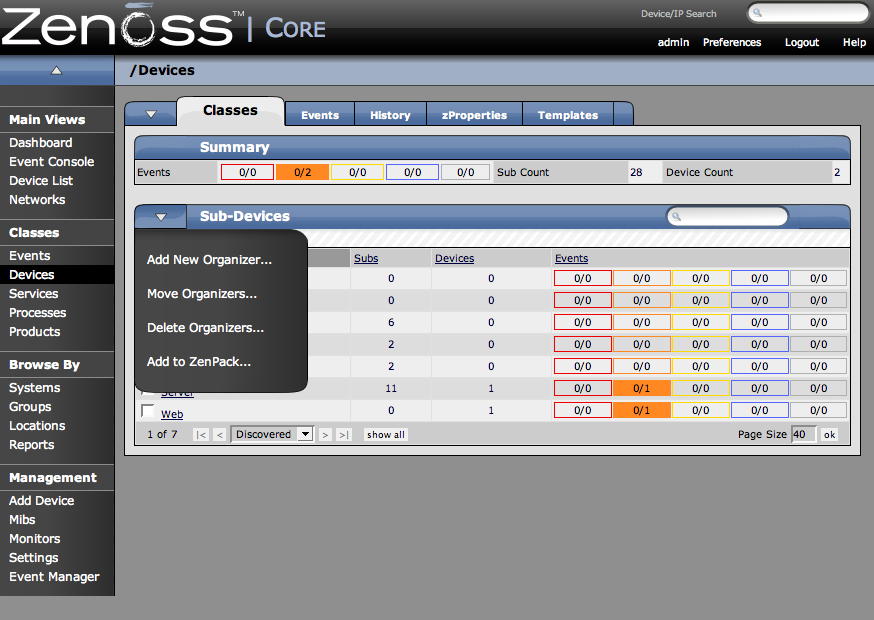 Sub-Devices Table Menu